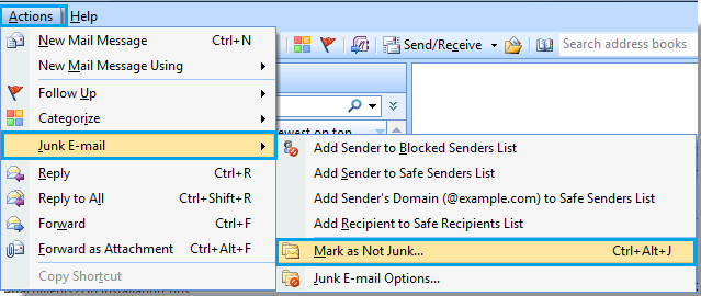 screen shot of the "mark as not junk" selection in Outlook 2007