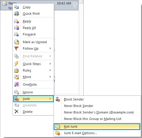 screen shot of the context menu for marking a message as not junk in Outlook 2007