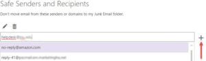 screen shot of the outlook web safe senders of recipients setting