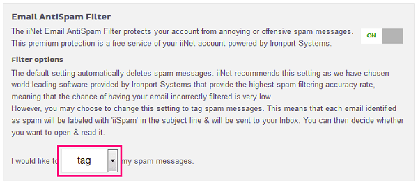 iiNet spam filter setting