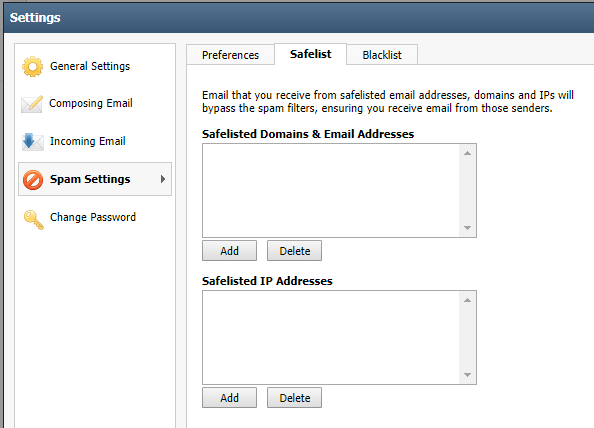 Screen shot of the settings window