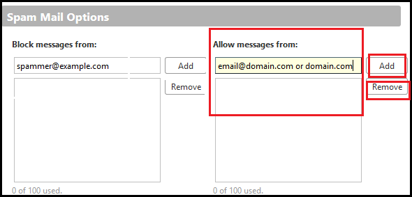 Whitelist spam options in Zimbra webmail