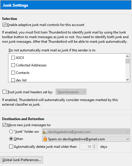 Thunderbird Junk Mail Settings